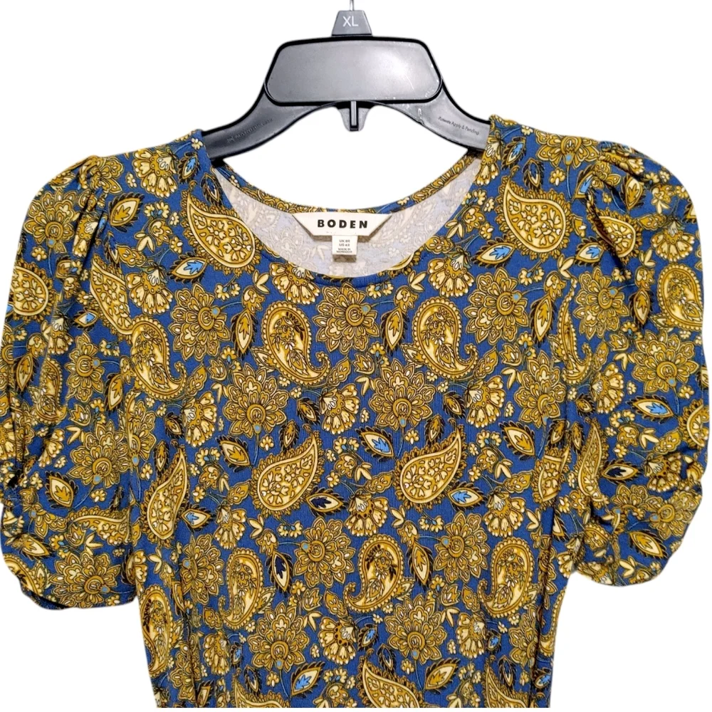 Boden Blue Mustard Yellow Paisley Belted Poof Sleeve Mini Dress Women's Size 4 - Picture 8 of 13